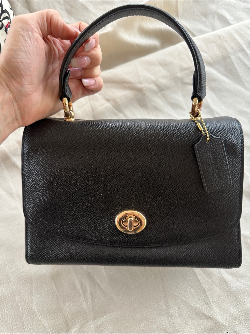 Coach Tilly Black Leather Top-Handle Satchel with Gold Hardware